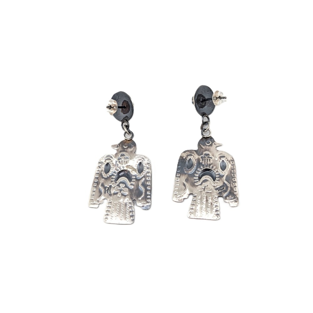 Navajo Thunderbird Dangle Earrings Oxidized Sterling Silver Kingman Turquoise** - Picture 7 of 7